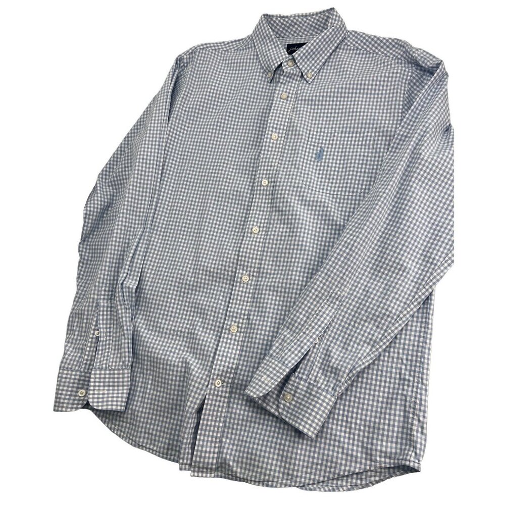 Johnnie O Shirt Mens Large L Gingham Long Sleeve 100% Pima Cotton Button Up Blue